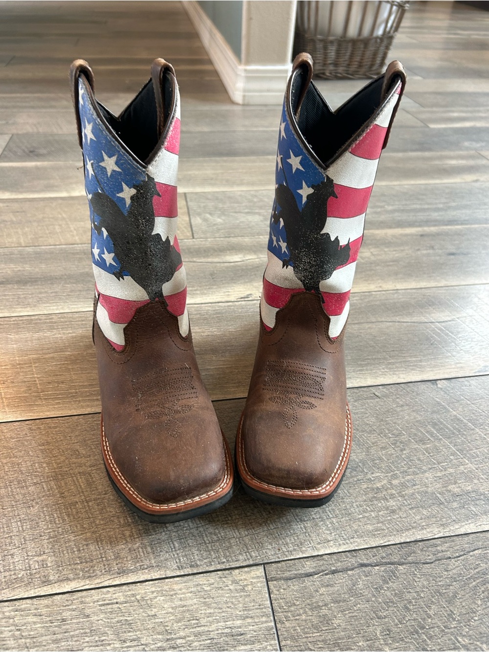 Dan Post Brown Boots with Red, White & Blue Flag design and bull rider